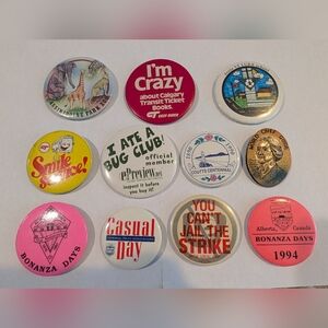 Vintage Pins Lot Of 11 Pin Back Buttons - Advertising, Events, Neat!